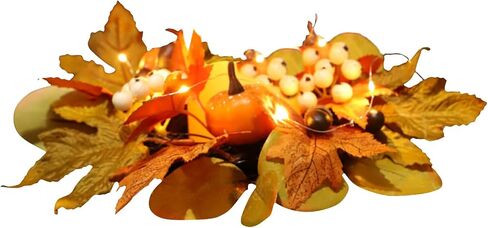 12 Inch Fall Candle Rings Wreaths, Small Autumn Wreath for Candlestick Decorative Rattan Garland with Maple Leaf Berries Pumpkin for Thanksgiving Halloween Table Fall Decor Centerpieces in Kuwait
