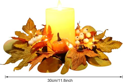 12 Inch Fall Candle Rings Wreaths, Small Autumn Wreath for Candlestick Decorative Rattan Garland with Maple Leaf Berries Pumpkin for Thanksgiving Halloween Table Fall Decor Centerpieces in Kuwait