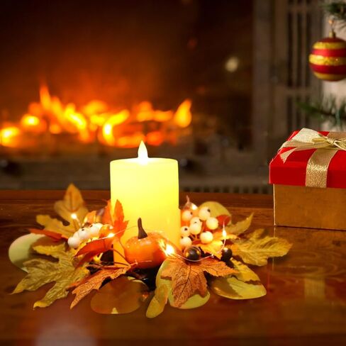 12 Inch Fall Candle Rings Wreaths, Small Autumn Wreath for Candlestick Decorative Rattan Garland with Maple Leaf Berries Pumpkin for Thanksgiving Halloween Table Fall Decor Centerpieces in Kuwait