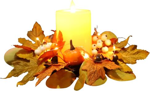 12 Inch Fall Candle Rings Wreaths, Small Autumn Wreath for Candlestick Decorative Rattan Garland with Maple Leaf Berries Pumpkin for Thanksgiving Halloween Table Fall Decor Centerpieces in Kuwait
