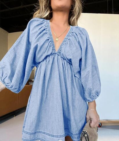 utcoco Denim Dress for Women Puff 3/4 Sleeves V Neck Swing A Line Cute Babydoll Mini Jean Dresses for Women 2025 in Saudi Arabia