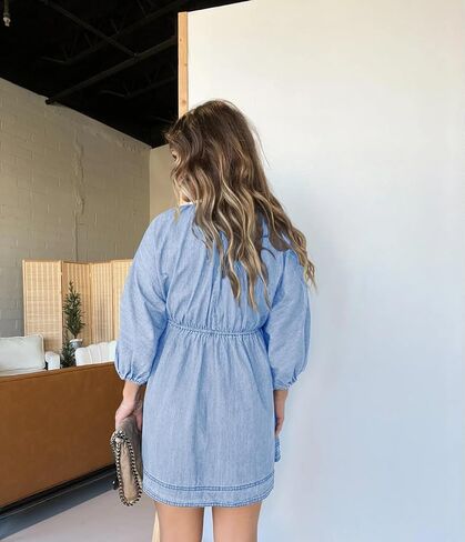 utcoco Denim Dress for Women Puff 3/4 Sleeves V Neck Swing A Line Cute Babydoll Mini Jean Dresses for Women 2025 in Saudi Arabia