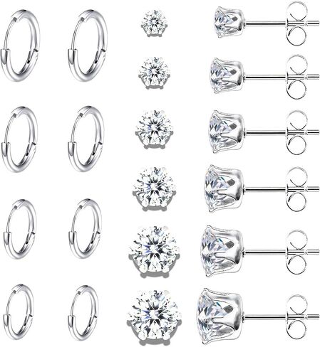 10 Pairs Hypoallergenic Earrings Set - 6 Cubic Zirconia Stud Earrings (3-8mm) & 4 Huggie Hoop Earrings (6-12mm), 316L Stainless Steel,Nickel-Free for Sensitive Ears in Kuwait