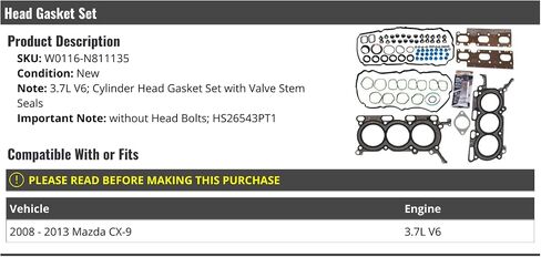 Cylinder Head Gasket Set with Valve Stem Seals - without Head Bolts - Compatible with 2008-2013 Mazda CX-9 3.7L V6 in Saudi Arabia