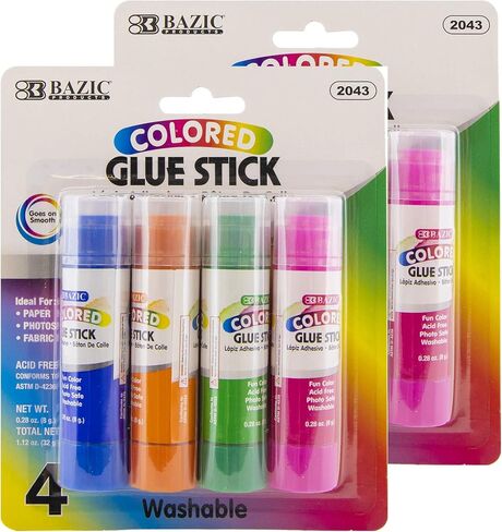 BAZIC Washable Colored Glue Stick 8g/0.28 Oz, All Purpose Acid Glue Sticks for Kids Photos Paper Kids at School Home Office (4/Pack), 1-Pack in Kuwait
