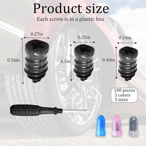 100 Pcs Tire Repair Rubber Nail, Tire Repair Nail Tire Repair Rubber Screws Fast Tool 3 Size Self-Service Tire Screw Plug Repair Kit with Screwdriver for tire Puncture Repair in Saudi Arabia