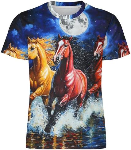 Galloping-Horse Full Moon Mens T-Shirts Casual Short Sleeve Tee Tops Crewneck Shirt for Running Athletic in Saudi Arabia