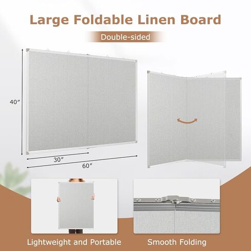 DOLLAR BOSS Foldable Linen Cork Board White Board Combo 60 x 40 in Extra Large Magnetic Whiteboard Dry Erase Bulletin Board Portable Double Sided Aluminum Frame Pin Board for School Office, Grey in Kuwait