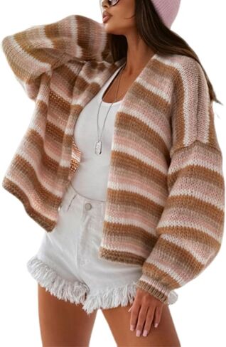 Yeokou Womens Striped Cardigan Sweaters Open Front Lightweight Knit Rainbow Color Block Casual Fall Layering Top in Saudi Arabia