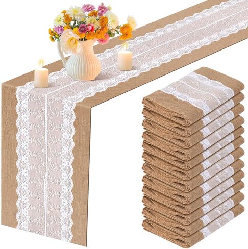 Chumia 12 Pcs Burlap Lace Table Runner 12" x 72" Bulk Jute Lace on Burlap Runners Rustic Farmhouse Hessian Table Cloth for Western Country Wedding Reception Engagement Birthday Party Table Table Decor in Saudi Arabia