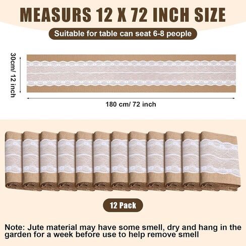 Chumia 12 Pcs Burlap Lace Table Runner 12" x 72" Bulk Jute Lace on Burlap Runners Rustic Farmhouse Hessian Table Cloth for Western Country Wedding Reception Engagement Birthday Party Table Table Decor in Saudi Arabia