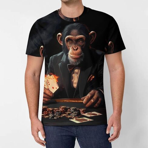 كازينو الشمبانزي أوراق اللعب تي شيرت رجالي عادية كم قصير تي شيرت بلايز Crewneck قميص لتشغيل رياضي in Saudi Arabia