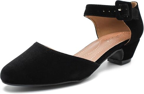 LIURUIJIA Women's Low Block Heel Pumps Ankle Strap Closed Toe D'orsay Elegant Dress Shoes for Work Business Event velvet black-43-US 9.5 in Kuwait