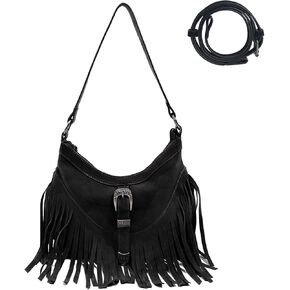 محفظة هوبو هامشية للنساء، حقيبة كتف غربية صغيرة مهدبة، حقيبة كروس هيبي من جلد الغزال النباتي مع شرابة in Kuwait