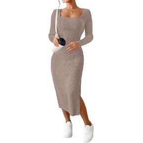 ETCYY NEW Womens Fall Dresses Square Neck Knitted Elastic Basic Winter Bodycon Versatile Slit Dress in Saudi Arabia