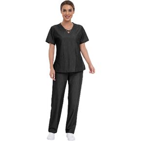 مجموعة تريندي إيدج سكرب للنساء، بلوزة برقبة على شكل حرف V وسروال بأرجل مستقيمة، 7 جيوب زي طبي مطاطي in Kuwait