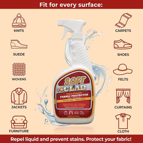 Extra Strength Fabric Protector Spray Prevents Stains and Repels Liquids. SoftClad Guards Furniture, Shoes, Carpet, Upholstery, Suede, Leather, Couch. Safe for Indoor Use. PFAS Free Formula 32oz in Saudi Arabia