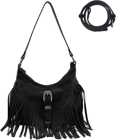 محفظة هوبو هامشية للنساء، حقيبة كتف غربية صغيرة مهدبة، حقيبة كروس هيبي من جلد الغزال النباتي مع شرابة in Kuwait