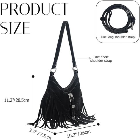 محفظة هوبو هامشية للنساء، حقيبة كتف غربية صغيرة مهدبة، حقيبة كروس هيبي من جلد الغزال النباتي مع شرابة in Kuwait