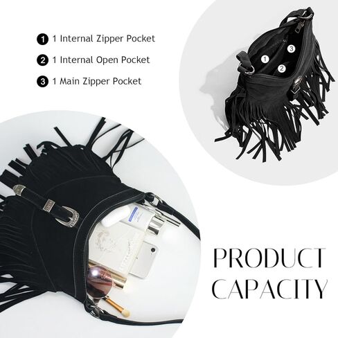 محفظة هوبو هامشية للنساء، حقيبة كتف غربية صغيرة مهدبة، حقيبة كروس هيبي من جلد الغزال النباتي مع شرابة in Kuwait