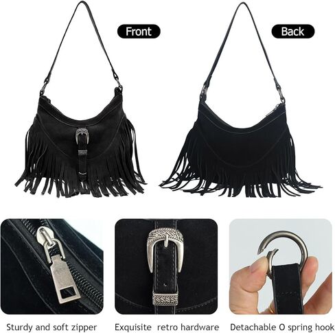 محفظة هوبو هامشية للنساء، حقيبة كتف غربية صغيرة مهدبة، حقيبة كروس هيبي من جلد الغزال النباتي مع شرابة in Kuwait