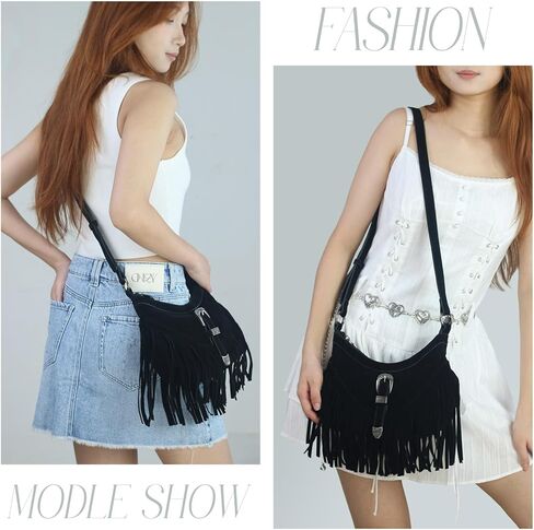 محفظة هوبو هامشية للنساء، حقيبة كتف غربية صغيرة مهدبة، حقيبة كروس هيبي من جلد الغزال النباتي مع شرابة in Kuwait