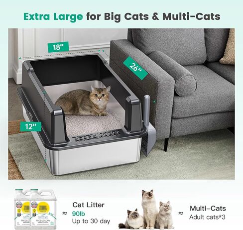 Tripamin XXL Stainless Steel Cat Litter Box 28"x20.5"x14"Extra Large Stainless Steel Litter Box With High Sides Metal Litter Box for Big Cats&Multiple Cats,Easy Cleaning, Anti-Urine Leakage,Non-Sticky in Saudi Arabia