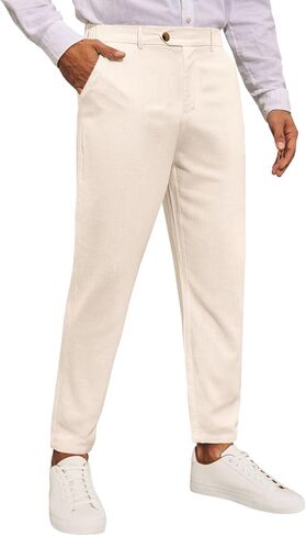 Runcati Mens Slim Fit Casual Pants Cotton Linen Tapered Pants Elastic Waist Summer Beach Lightweight Trousers in Saudi Arabia