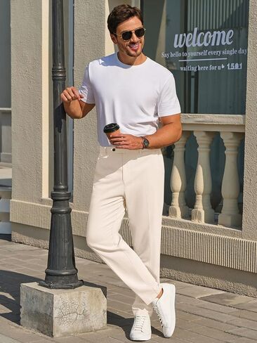 Runcati Mens Slim Fit Casual Pants Cotton Linen Tapered Pants Elastic Waist Summer Beach Lightweight Trousers in Saudi Arabia