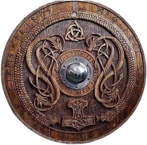 Generic Antique Aura Medieval Viking Shield Runic Ornaments Carved Design Brown Norse Knight Battleworn Wood & Iron 24 inches Shield for Roleplay & Cosplay, Standard in Saudi Arabia