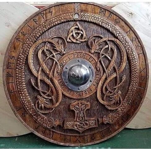 Generic Antique Aura Medieval Viking Shield Runic Ornaments Carved Design Brown Norse Knight Battleworn Wood & Iron 24 inches Shield for Roleplay & Cosplay, Standard in Saudi Arabia
