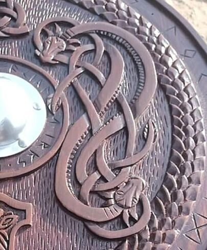 Generic Antique Aura Medieval Viking Shield Runic Ornaments Carved Design Brown Norse Knight Battleworn Wood & Iron 24 inches Shield for Roleplay & Cosplay, Standard in Saudi Arabia
