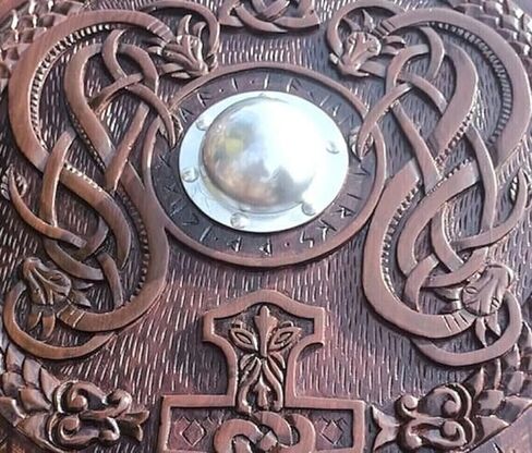 Generic Antique Aura Medieval Viking Shield Runic Ornaments Carved Design Brown Norse Knight Battleworn Wood & Iron 24 inches Shield for Roleplay & Cosplay, Standard in Saudi Arabia