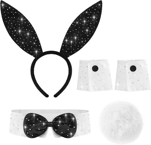 Bohend Rhinestone Bunny Costume Accessory Set with Black Ears Headband, White Cuffs, Bowtie and Tail in Saudi Arabia