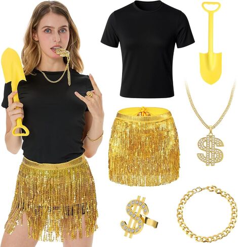 6 قطع من إكسسوارات أزياء Gold Digger والتنانير والقمصان والقمصان وقلادة بعلامة الدولار وحلقة وسوار مجرفة للنساء in Saudi Arabia