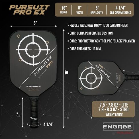 Engage Pursuit Pro EX 6.0 Pickleball Paddle – Widebody Shape, Raw T700 Toray Carbon Fiber Face, 16mm Control Pro “Black" Core, Vortex Barrier Edge Technology Limits Vibration in Saudi Arabia