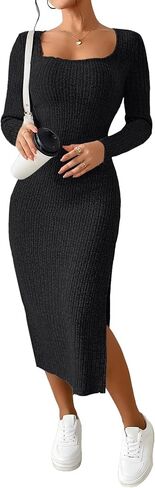 ETCYY NEW Womens Fall Dresses Square Neck Knitted Elastic Basic Winter Bodycon Versatile Slit Dress in Saudi Arabia