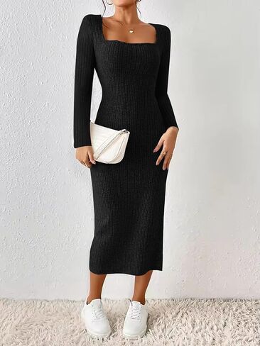 ETCYY NEW Womens Fall Dresses Square Neck Knitted Elastic Basic Winter Bodycon Versatile Slit Dress in Saudi Arabia