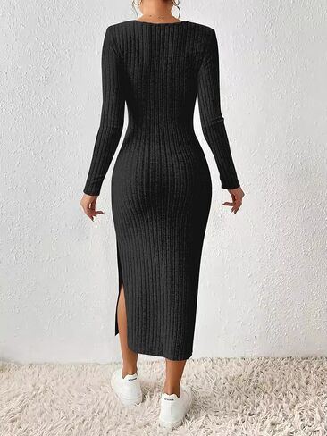 ETCYY NEW Womens Fall Dresses Square Neck Knitted Elastic Basic Winter Bodycon Versatile Slit Dress in Saudi Arabia