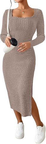 ETCYY NEW Womens Fall Dresses Square Neck Knitted Elastic Basic Winter Bodycon Versatile Slit Dress in Saudi Arabia