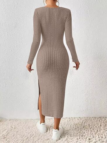 ETCYY NEW Womens Fall Dresses Square Neck Knitted Elastic Basic Winter Bodycon Versatile Slit Dress in Saudi Arabia