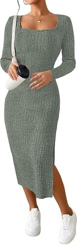 ETCYY NEW Womens Fall Dresses Square Neck Knitted Elastic Basic Winter Bodycon Versatile Slit Dress in Saudi Arabia