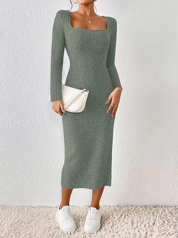 ETCYY NEW Womens Fall Dresses Square Neck Knitted Elastic Basic Winter Bodycon Versatile Slit Dress in Saudi Arabia