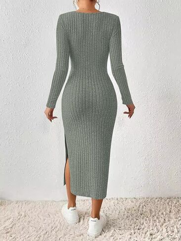 ETCYY NEW Womens Fall Dresses Square Neck Knitted Elastic Basic Winter Bodycon Versatile Slit Dress in Saudi Arabia
