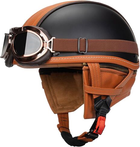 German Style Motorcycle Retro Half Helmet with Retractable Neck Curtain . Vintage Cap Skull Cap Open Face Helmet with Goggles for Cruiser Scooter Chopper in Kuwait