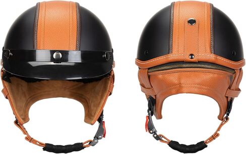 German Style Motorcycle Retro Half Helmet with Retractable Neck Curtain . Vintage Cap Skull Cap Open Face Helmet with Goggles for Cruiser Scooter Chopper in Kuwait