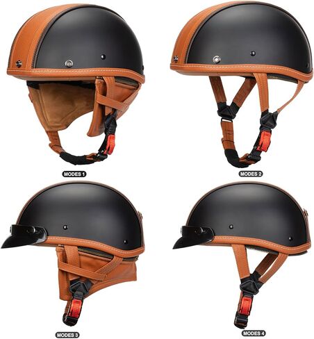 German Style Motorcycle Retro Half Helmet with Retractable Neck Curtain . Vintage Cap Skull Cap Open Face Helmet with Goggles for Cruiser Scooter Chopper in Kuwait