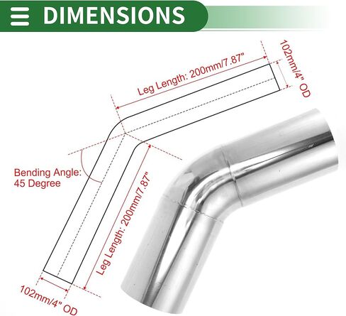 Motoforti 45 درجة 102 مم/4 بوصة OD مغزل أنبوب العادم DIY مخصص للسيارة تعديل أنابيب العادم الأنابيب 200 مم/7.87 بوصة طول 304 درجة فضية من الفولاذ المقاوم للصدأ in Saudi Arabia