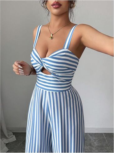 SOLY HUX Women's Striped Wide Leg Jumpsuits Cut Out Twist Front Sweetheart Neck Romper Going Out Outfits in Saudi Arabia