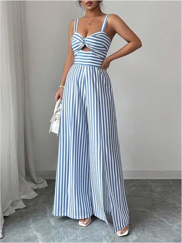 SOLY HUX Women's Striped Wide Leg Jumpsuits Cut Out Twist Front Sweetheart Neck Romper Going Out Outfits in Saudi Arabia
